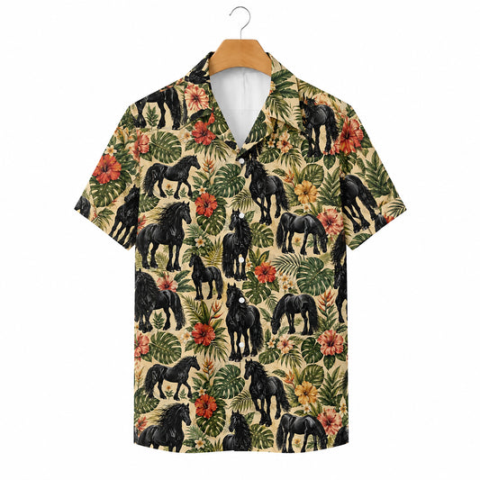 HW-553-Black Horse Print Hawaiian Shirt, Tropical Button-Up Camp Shirt with Nature Inspired Design