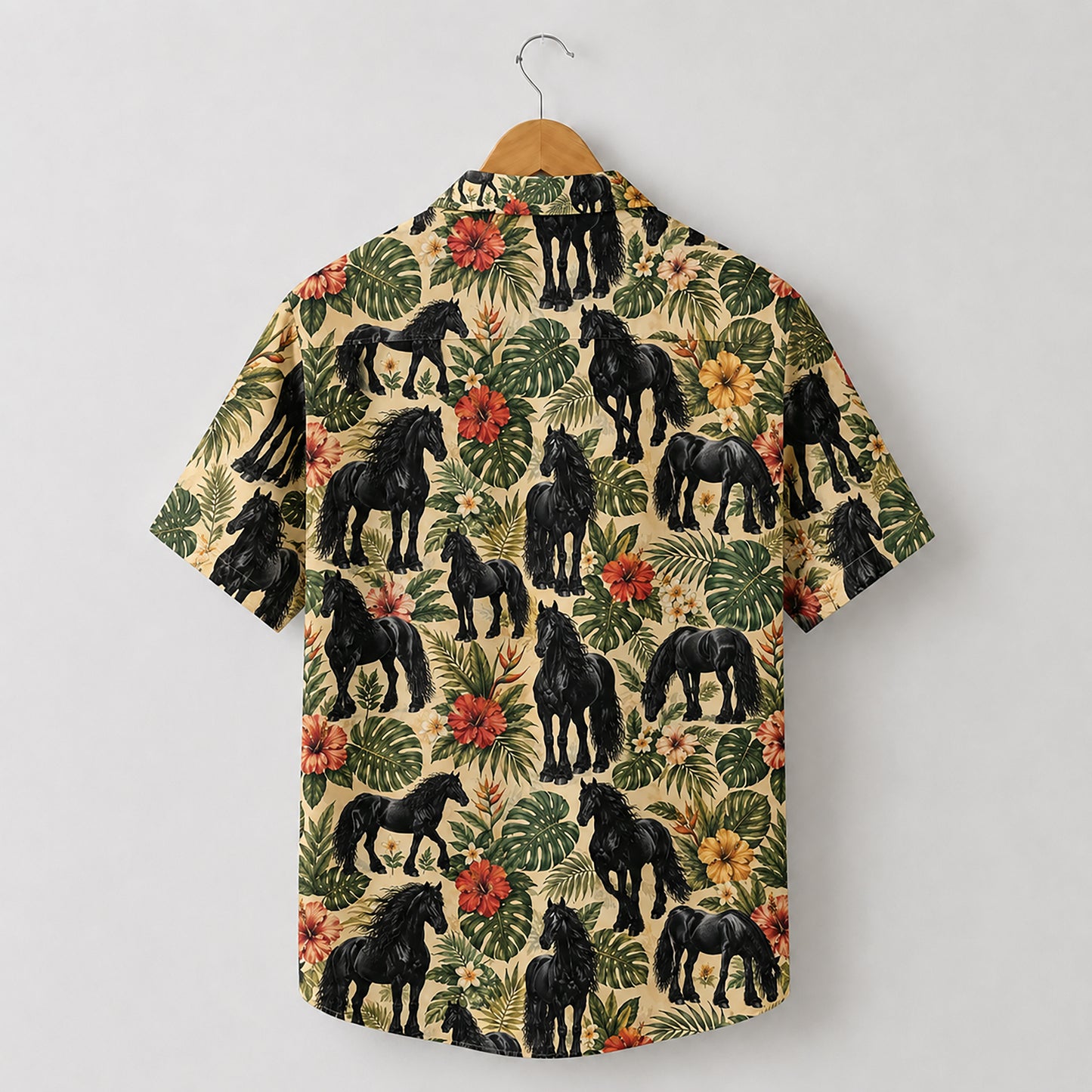 HW-553-Black Horse Print Hawaiian Shirt, Tropical Button-Up Camp Shirt with Nature Inspired Design