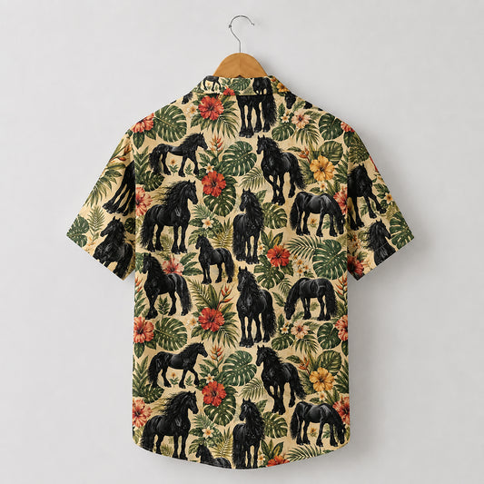 HW-553-Black Horse Print Hawaiian Shirt, Tropical Button-Up Camp Shirt with Nature Inspired Design