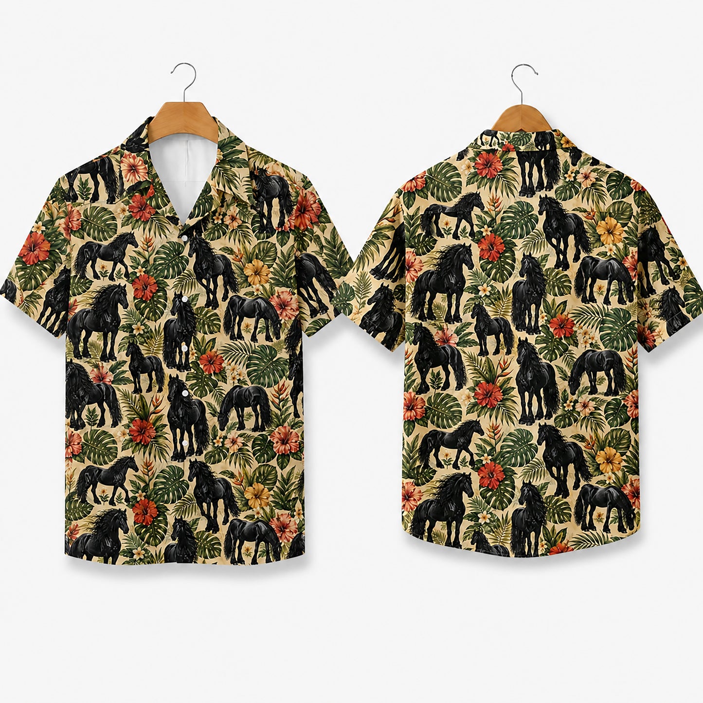 HW-553-Black Horse Print Hawaiian Shirt, Tropical Button-Up Camp Shirt with Nature Inspired Design