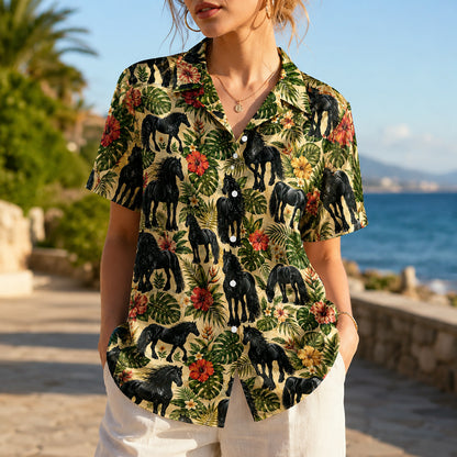 HW-553-Black Horse Print Hawaiian Shirt, Tropical Button-Up Camp Shirt with Nature Inspired Design