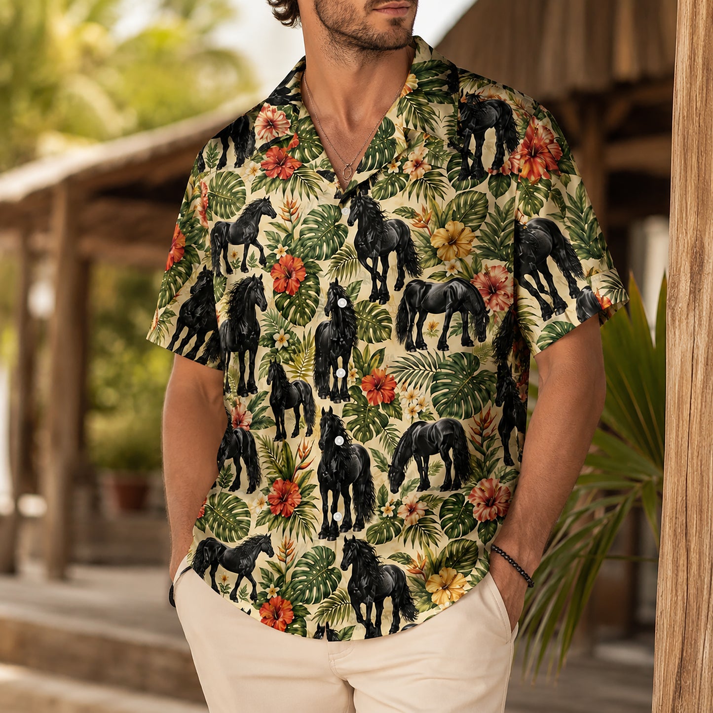 HW-553-Black Horse Print Hawaiian Shirt, Tropical Button-Up Camp Shirt with Nature Inspired Design