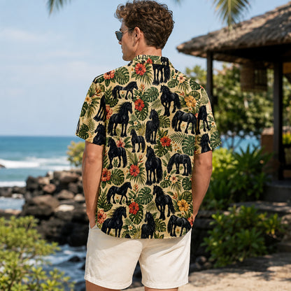 HW-553-Black Horse Print Hawaiian Shirt, Tropical Button-Up Camp Shirt with Nature Inspired Design