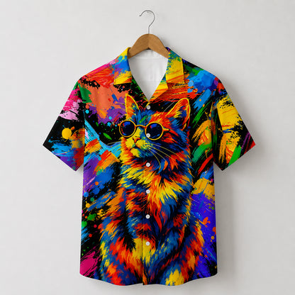 HW-562-Vibrant Abstract Cat Hawaiian Shirt Featuring Colorful Artistic Brushstroke Designs For A Fun Summer Vibe