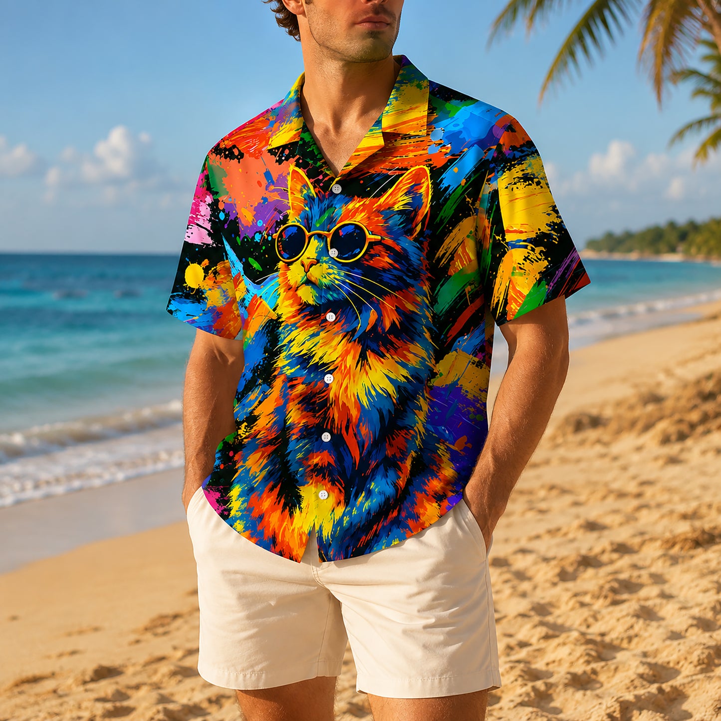 HW-562-Vibrant Abstract Cat Hawaiian Shirt Featuring Colorful Artistic Brushstroke Designs For A Fun Summer Vibe
