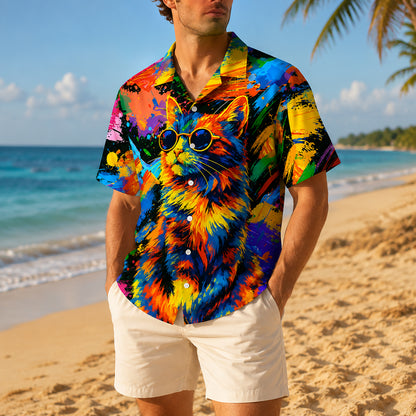 HW-562-Vibrant Abstract Cat Hawaiian Shirt Featuring Colorful Artistic Brushstroke Designs For A Fun Summer Vibe