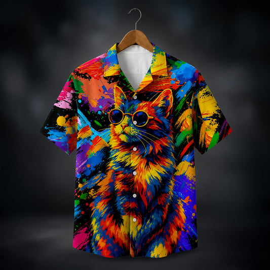 HW-562-Vibrant Abstract Cat Hawaiian Shirt Featuring Colorful Artistic Brushstroke Designs For A Fun Summer Vibe