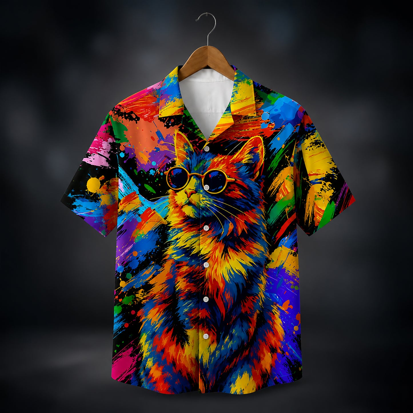 HW-562-Vibrant Abstract Cat Hawaiian Shirt Featuring Colorful Artistic Brushstroke Designs For A Fun Summer Vibe