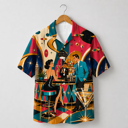 HW-565-Retro Mid-Century Modern Cocktail Bar Graphic Hawaiian Shirt Featuring Vintage 1950s Lounge Scene And Martini Motifs