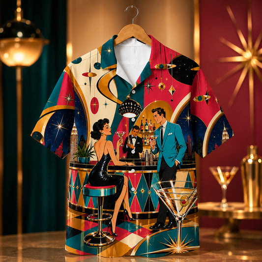 HW-565-Retro Mid-Century Modern Cocktail Bar Graphic Hawaiian Shirt Featuring Vintage 1950s Lounge Scene And Martini Motifs