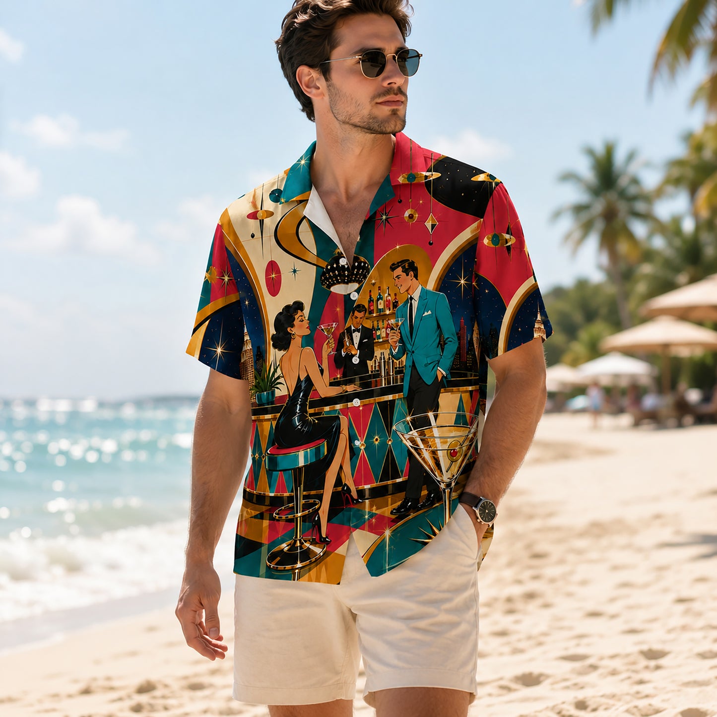 HW-565-Retro Mid-Century Modern Cocktail Bar Graphic Hawaiian Shirt Featuring Vintage 1950s Lounge Scene And Martini Motifs