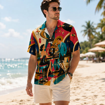 HW-565-Retro Mid-Century Modern Cocktail Bar Graphic Hawaiian Shirt Featuring Vintage 1950s Lounge Scene And Martini Motifs