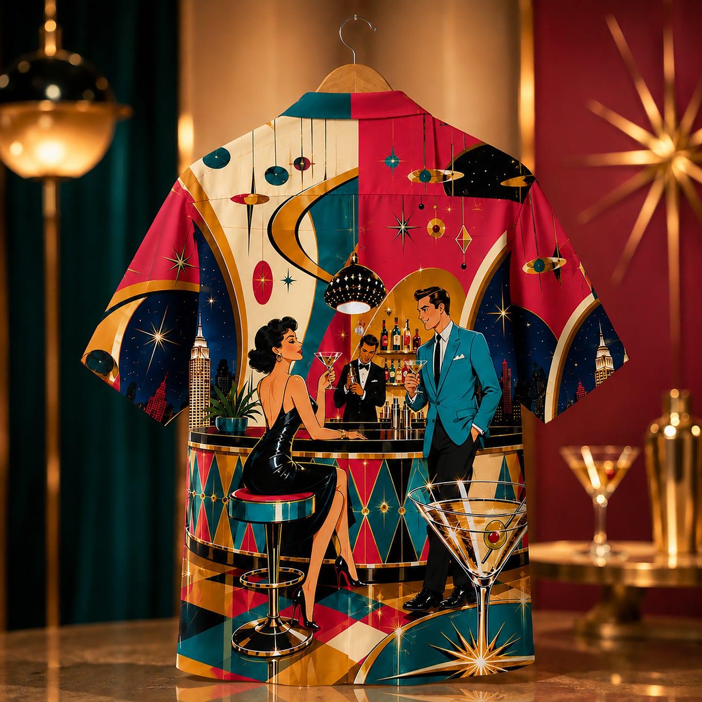 HW-565-Retro Mid-Century Modern Cocktail Bar Graphic Hawaiian Shirt Featuring Vintage 1950s Lounge Scene And Martini Motifs