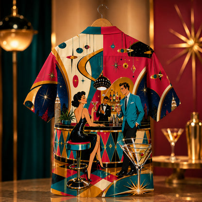 HW-565-Retro Mid-Century Modern Cocktail Bar Graphic Hawaiian Shirt Featuring Vintage 1950s Lounge Scene And Martini Motifs