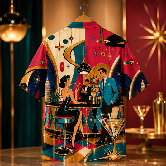 HW-565-Retro Mid-Century Modern Cocktail Bar Graphic Hawaiian Shirt Featuring Vintage 1950s Lounge Scene And Martini Motifs