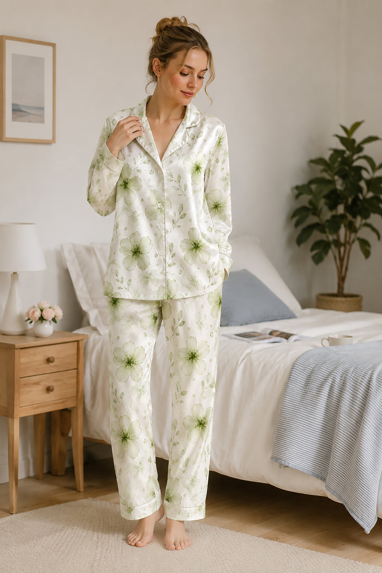PJ-566-Vintage-Inspired Rose Pattern Pajama Set Crafted From Breathable Premium Silk With A Timeless And Elegant Silhouette