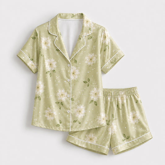 PJ-568-Artistic Watercolor Flower Print Pajama Set Featuring Soft Pastel Hues For A Calm And Relaxing Aesthetic