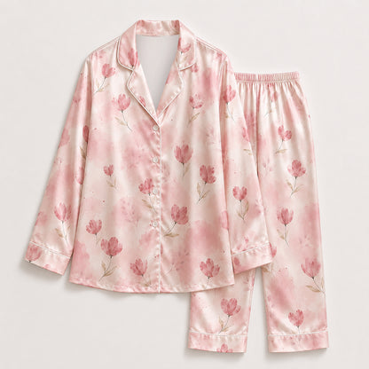 PJ-569-Pink Artistic Hand-Drawn Flower Pattern Sleepwear Collection Featuring Sustainably Sourced Satin Fabric For A Luxurious Soft Feel