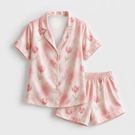 PJ-569-Pink Artistic Hand-Drawn Flower Pattern Sleepwear Collection Featuring Sustainably Sourced Satin Fabric For A Luxurious Soft Feel