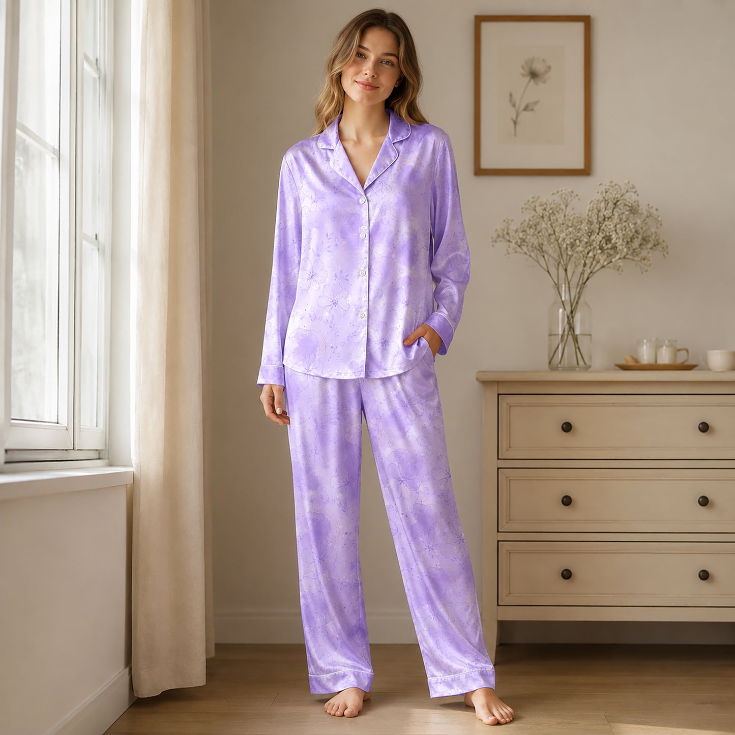 PJ-570-Purple Soft Brushed Flannel Pajama Set Displaying A Beautiful Vintage Wildflower Motif Ideal For Cozy Nights In