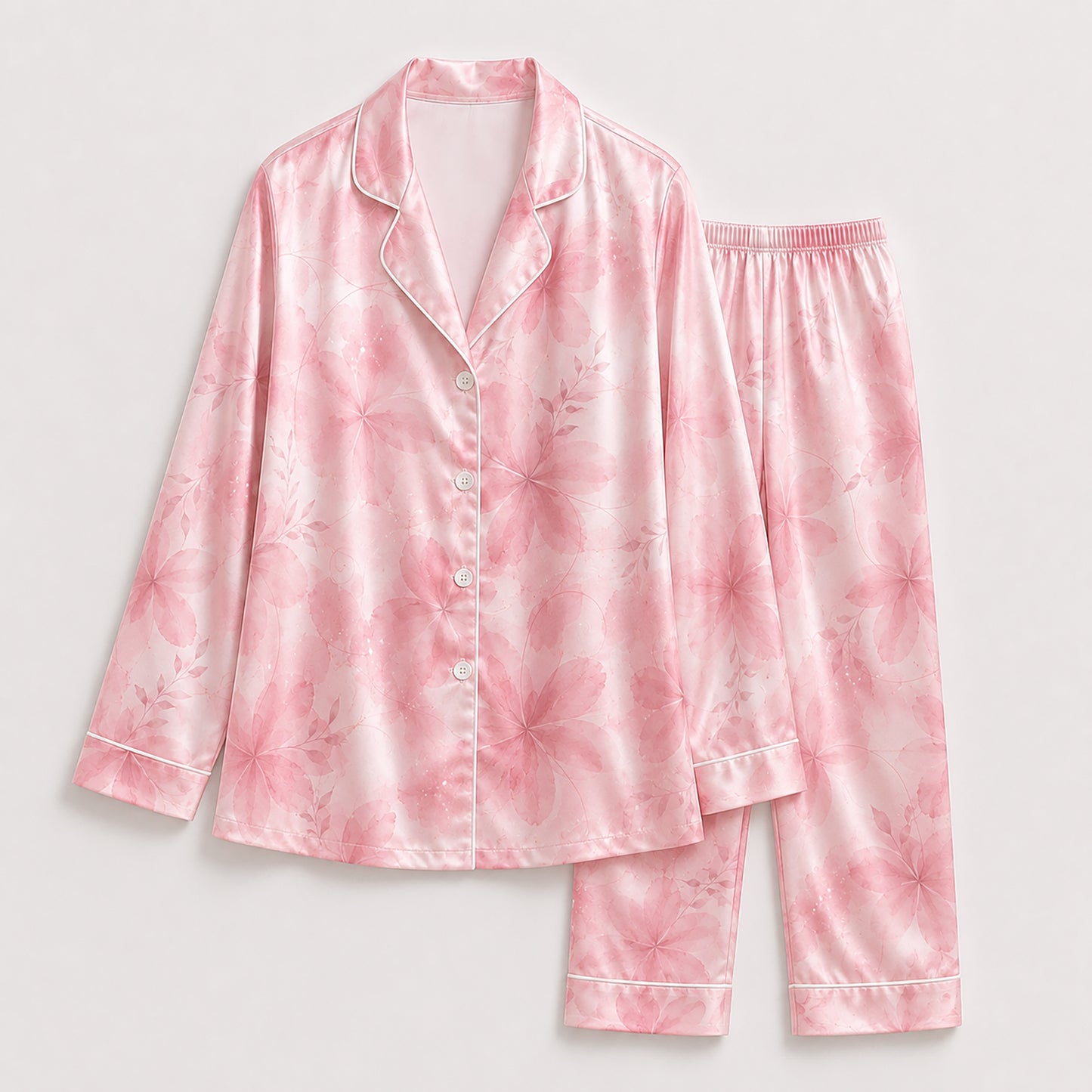 PJ-571-Luxury Satin Pajamas Adorned With Vibrant Floral Illustrations Perfect For Lounging In Style Throughout Every Season
