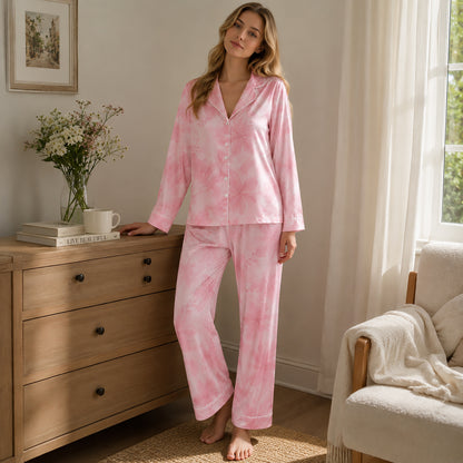 PJ-571-Luxury Satin Pajamas Adorned With Vibrant Floral Illustrations Perfect For Lounging In Style Throughout Every Season