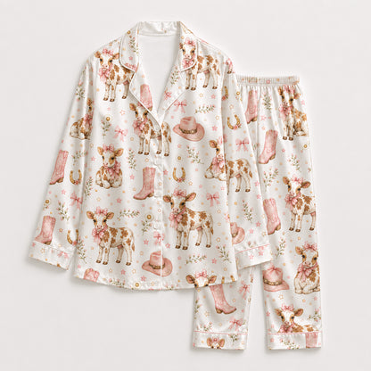 PJ-573-Western Cowgirl Print Pajama Set Featuring Cute Calves, Pink Cowboy Boots, And Floral Ribbon Details