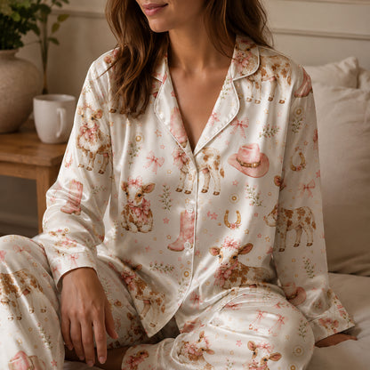 PJ-573-Western Cowgirl Print Pajama Set Featuring Cute Calves, Pink Cowboy Boots, And Floral Ribbon Details