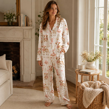 PJ-573-Western Cowgirl Print Pajama Set Featuring Cute Calves, Pink Cowboy Boots, And Floral Ribbon Details