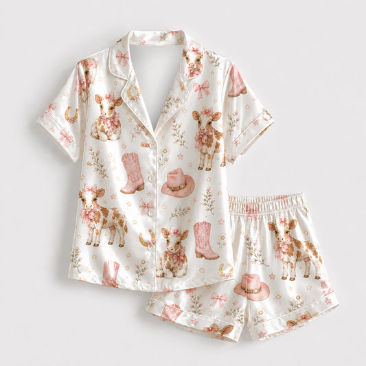 PJ-573-Western Cowgirl Print Pajama Set Featuring Cute Calves, Pink Cowboy Boots, And Floral Ribbon Details