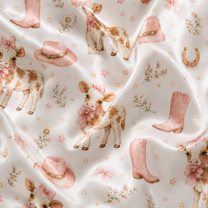 PJ-573-Western Cowgirl Print Pajama Set Featuring Cute Calves, Pink Cowboy Boots, And Floral Ribbon Details