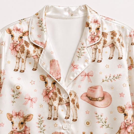 PJ-573-Western Cowgirl Print Pajama Set Featuring Cute Calves, Pink Cowboy Boots, And Floral Ribbon Details