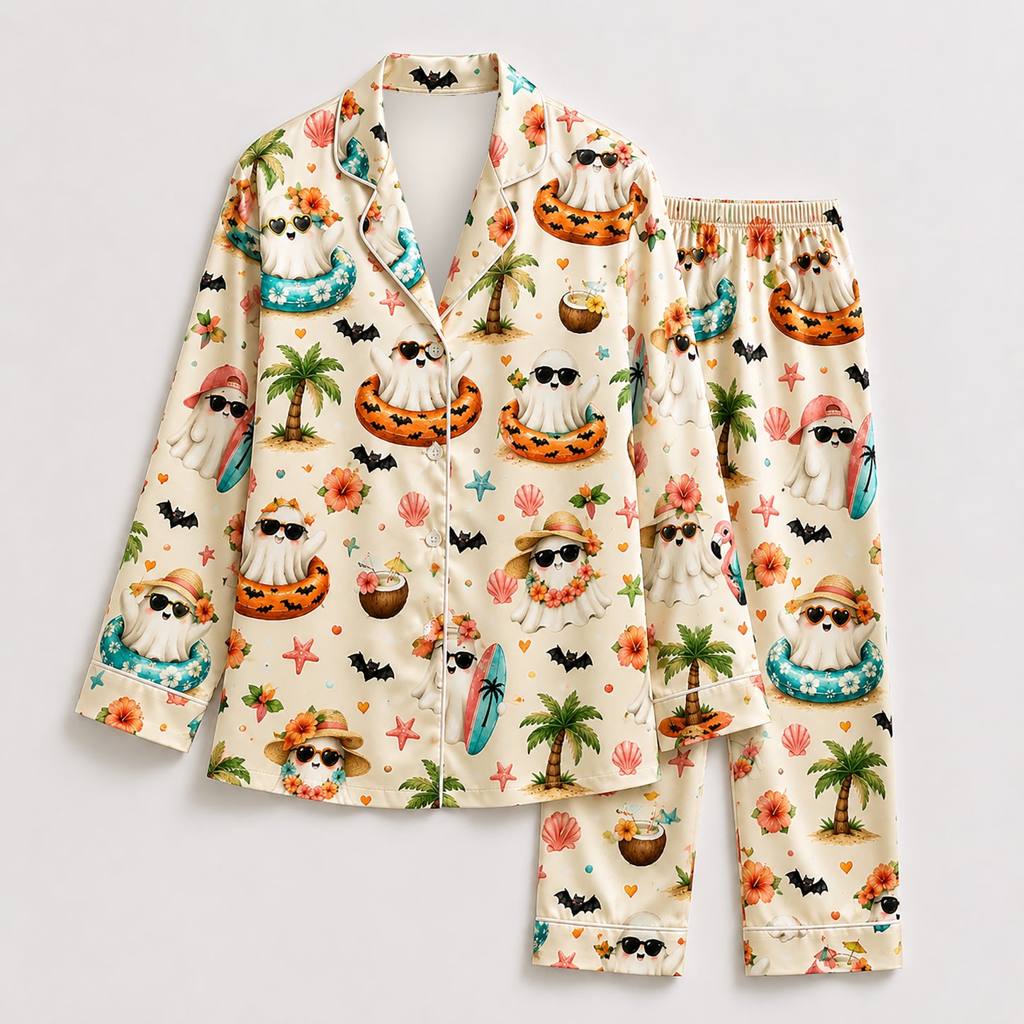 PJ-574-Whimsical Ocean-Side Ghost Pajama Set Featuring Chilling Holiday Illustrations Designed For A Relaxed Coastal Vacation Vibe