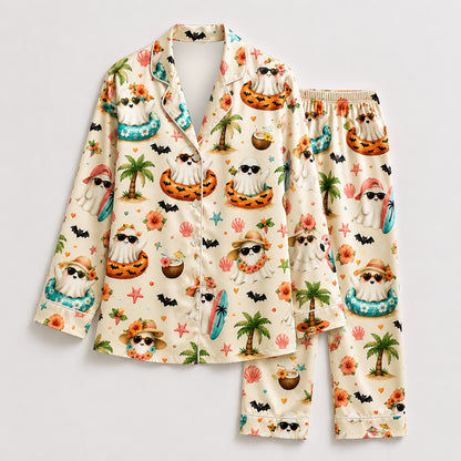 PJ-574-Whimsical Ocean-Side Ghost Pajama Set Featuring Chilling Holiday Illustrations Designed For A Relaxed Coastal Vacation Vibe