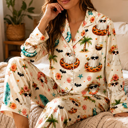 PJ-574-Whimsical Ocean-Side Ghost Pajama Set Featuring Chilling Holiday Illustrations Designed For A Relaxed Coastal Vacation Vibe