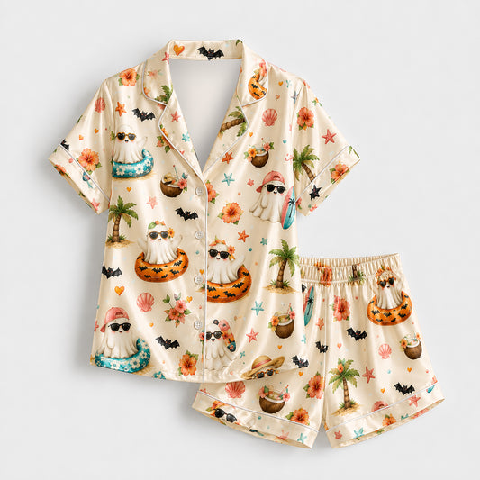 PJ-574-Whimsical Ocean-Side Ghost Pajama Set Featuring Chilling Holiday Illustrations Designed For A Relaxed Coastal Vacation Vibe