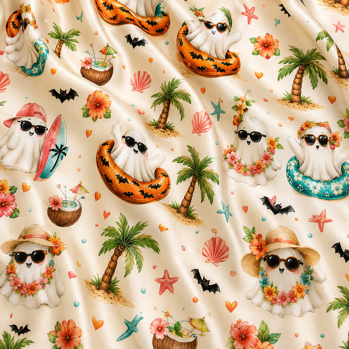 PJ-574-Whimsical Ocean-Side Ghost Pajama Set Featuring Chilling Holiday Illustrations Designed For A Relaxed Coastal Vacation Vibe