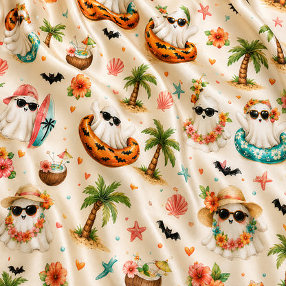 PJ-574-Whimsical Ocean-Side Ghost Pajama Set Featuring Chilling Holiday Illustrations Designed For A Relaxed Coastal Vacation Vibe