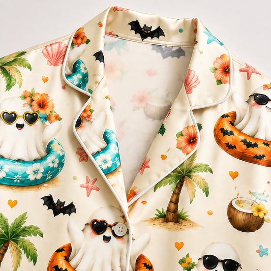 PJ-574-Whimsical Ocean-Side Ghost Pajama Set Featuring Chilling Holiday Illustrations Designed For A Relaxed Coastal Vacation Vibe
