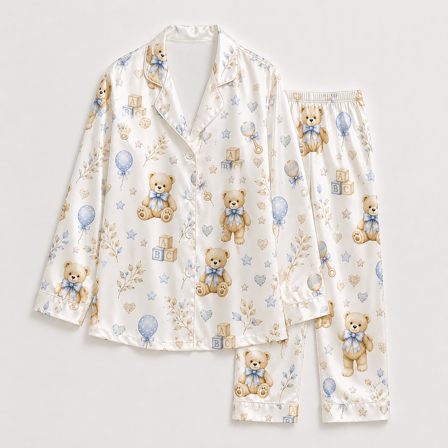 PJ-575-Whimsical Teddy Bear And Baby Block Print Pajama Set Featuring Delicate Blue Bows And Stars On Ultra-Soft Satin Fabric