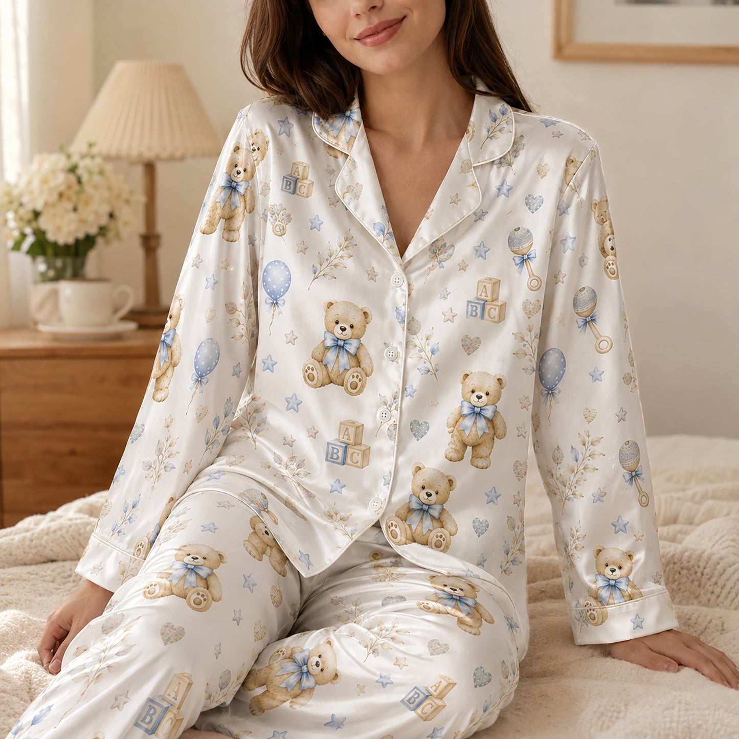 PJ-575-Whimsical Teddy Bear And Baby Block Print Pajama Set Featuring Delicate Blue Bows And Stars On Ultra-Soft Satin Fabric