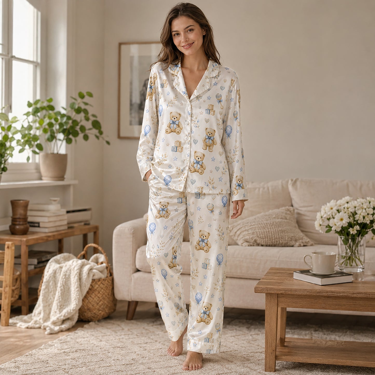 PJ-575-Whimsical Teddy Bear And Baby Block Print Pajama Set Featuring Delicate Blue Bows And Stars On Ultra-Soft Satin Fabric