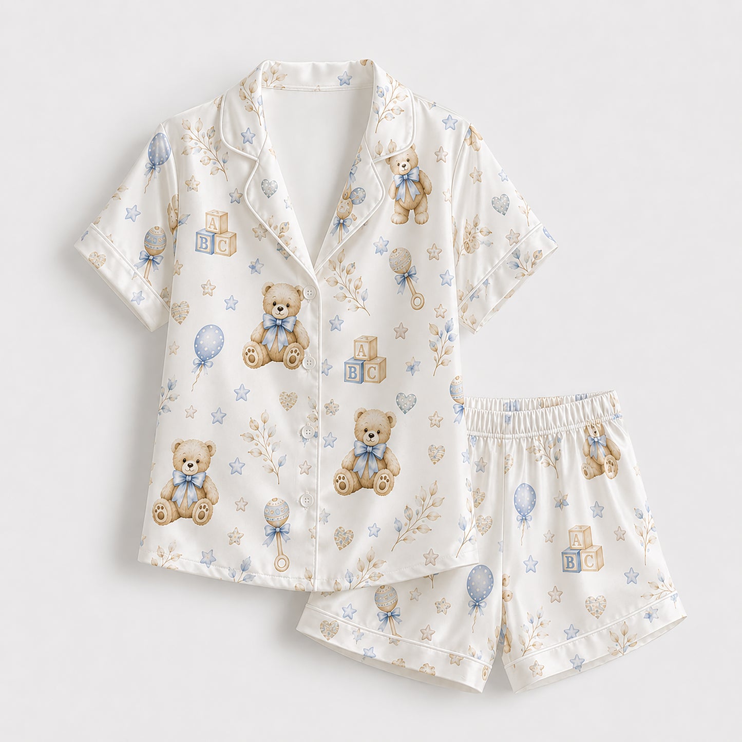 PJ-575-Whimsical Teddy Bear And Baby Block Print Pajama Set Featuring Delicate Blue Bows And Stars On Ultra-Soft Satin Fabric