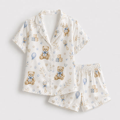PJ-575-Whimsical Teddy Bear And Baby Block Print Pajama Set Featuring Delicate Blue Bows And Stars On Ultra-Soft Satin Fabric