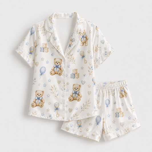 PJ-575-Whimsical Teddy Bear And Baby Block Print Pajama Set Featuring Delicate Blue Bows And Stars On Ultra-Soft Satin Fabric