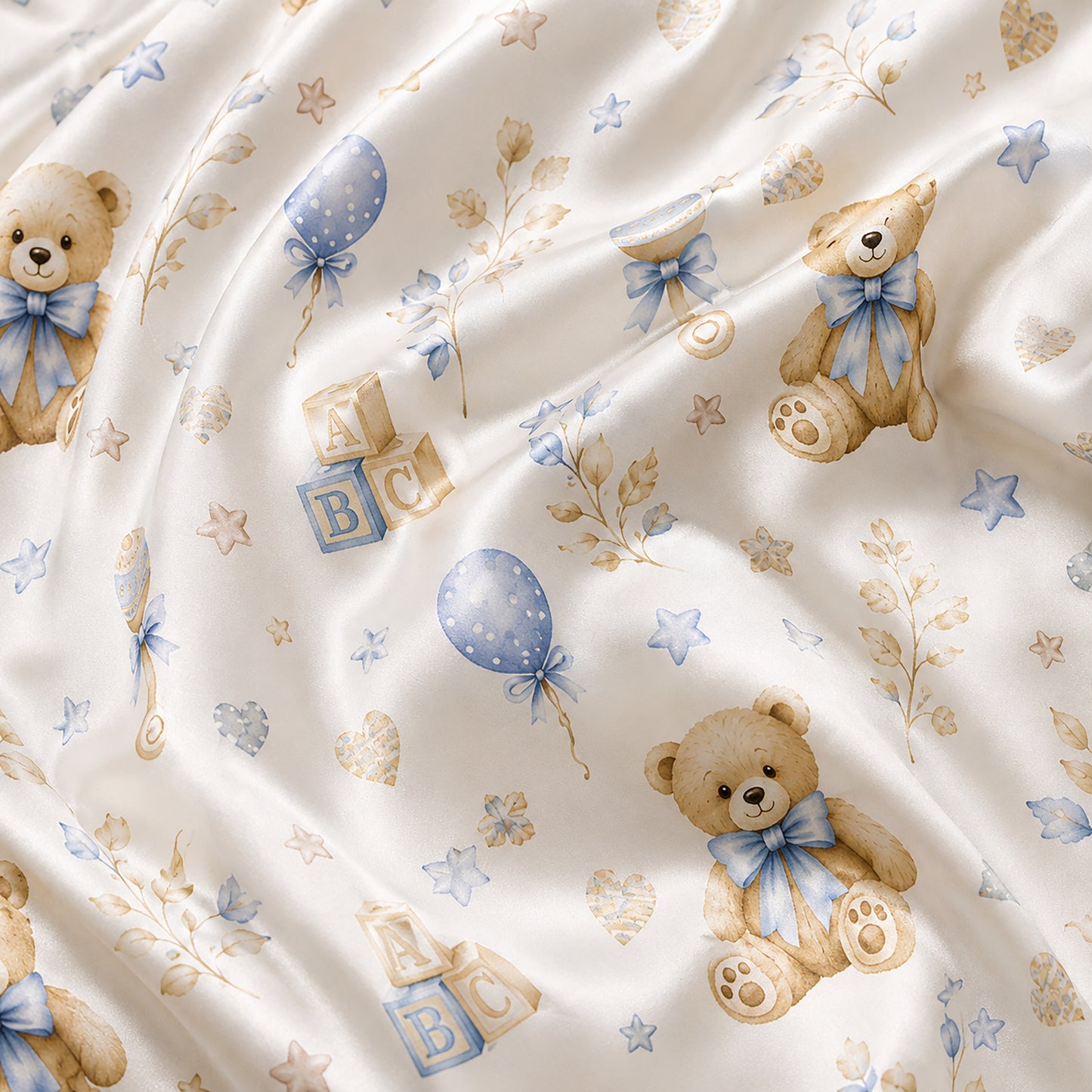 PJ-575-Whimsical Teddy Bear And Baby Block Print Pajama Set Featuring Delicate Blue Bows And Stars On Ultra-Soft Satin Fabric