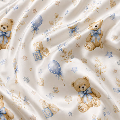 PJ-575-Whimsical Teddy Bear And Baby Block Print Pajama Set Featuring Delicate Blue Bows And Stars On Ultra-Soft Satin Fabric
