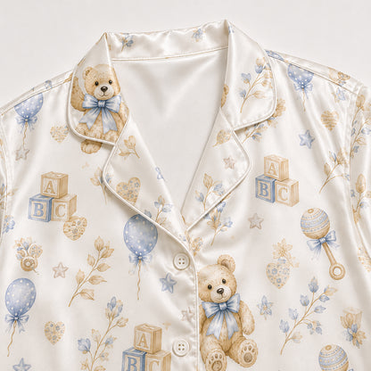 PJ-575-Whimsical Teddy Bear And Baby Block Print Pajama Set Featuring Delicate Blue Bows And Stars On Ultra-Soft Satin Fabric
