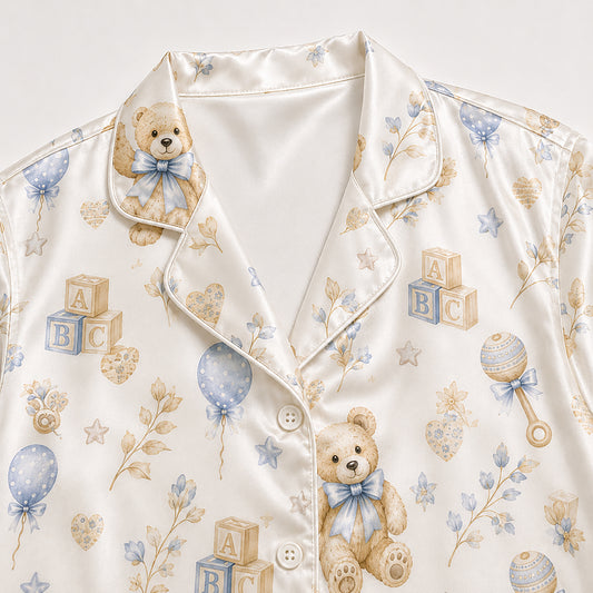 PJ-575-Whimsical Teddy Bear And Baby Block Print Pajama Set Featuring Delicate Blue Bows And Stars On Ultra-Soft Satin Fabric