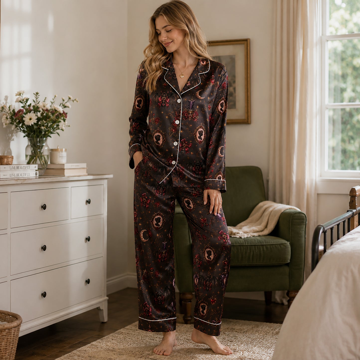 PJ-576-Gothic Romance Satin Pajama Set Featuring Mystical Bat, Cameo, And Rose Illustrations For An Elegant Dark Aesthetic
